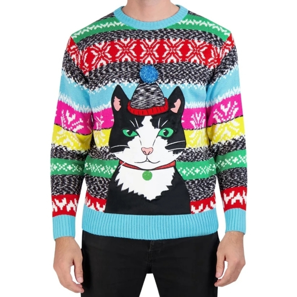Holiday Hype Cat Kitty Christmas Striped Pullover Ugly Sweater